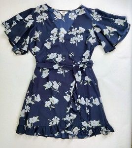 Jack By BB Dakota Faux Wrap V Neck Dress Blue Floral Women's Size Medium